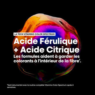Technologie acide ferulique et acide citrique du shampoing L'Oreal Professionnel Vitamino Color Spectrum sur fond noir