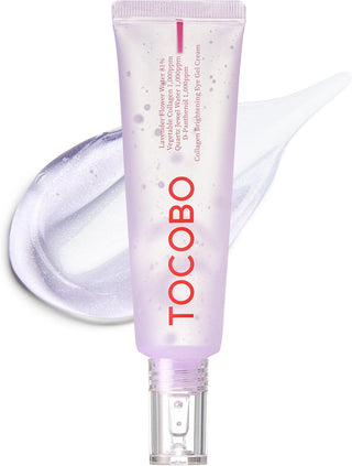 Tube lilas TOCOBO Collagen Brightening Eye Gel Cream avec swatch gel pailleté - eau de lavande et collagène végétal