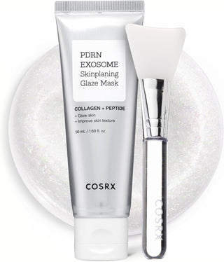 Tube COSRX PDRN Exosome Skinplaning Glaze Mask et pinceau silicone sur fond nacré - Collagen + Peptide 50ml