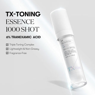 VT Cosmetics TX-Toning Essence 1000 Shot flacon blanc sur fond lumineux avec mentions 6% acide tranexamique