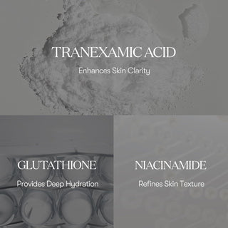 Ingredients actifs VT Cosmetics 1000 Shot - acide tranexamique, glutathione et niacinamide sur fond gris