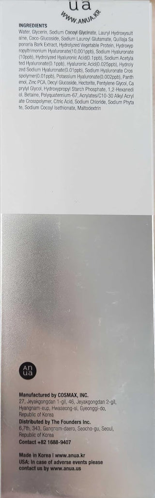 Dos du packaging Anua Hyaluronic Acid Foam Cleanser avec liste INCI et informations fabricant