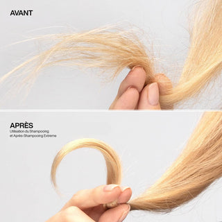 Resultat avant-apres REDKEN Extreme sur cheveux blonds abimes, pointes reparees et lisses apres usage