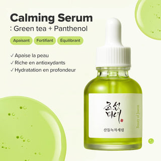 Beauty of Joseon Calming Serum fiche produit avec flacon vert, badges apaisant fortifiant equilibrant