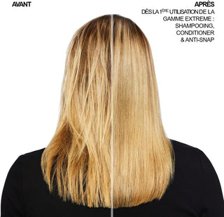 Comparaison avant-apres cheveux blonds vus de dos, gamme REDKEN Extreme - cheveux plus lisses et brillants
