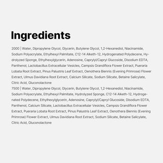 Liste des ingredients INCI des serums Medicube Exosome Shot Pore 2000 et 7500 sur fond gris