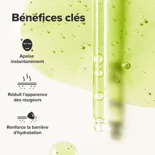 Beauty of Joseon Calming Serum benefices cles avec pipette et texture verte sur fond clair