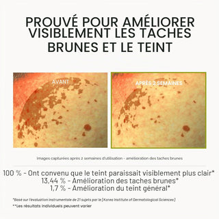 Comparaison avant apres 2 semaines Arencia Vitamin C Booster Shot - reduction visible des taches brunes