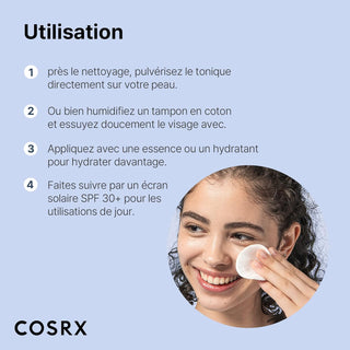 COSRX AHA BHA Toner - infographie utilisation pulverisation coton pad et ecran solaire SPF 30+