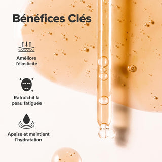 Beauty of Joseon Revive Serum benefices cles avec pipette et texture doree sur fond clair