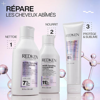 Routine REDKEN Acidic Bonding Concentrate en 3 etapes - nettoie, nourrit, protege sur fond violet degrade