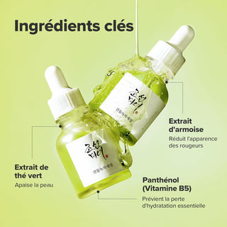 Beauty of Joseon Calming Serum ingredients cles annotes avec deux flacons eclabousses de serum vert