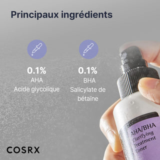 COSRX AHA BHA Toner - main vaporisant avec infographie 0.1% AHA glycolique et 0.1% BHA betaine