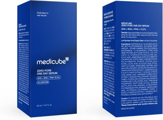 Packaging bleu Medicube Zero Pore One Day Serum 30ml avec composition INCI et AHA BHA PHA 15.2% Allantoin