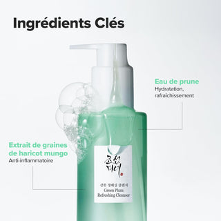 Ingrédients clés Green Plum Cleanser - eau de prune hydratante et extrait de graines de haricot mungo