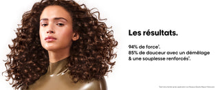 Modele aux cheveux boucles bruns brillants montrant les resultats du masque L'Oreal Professionnel Absolut Repair Molecular