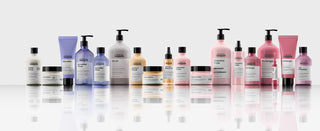 Gamme complete L'OREAL PROFESSIONNEL Serie Expert - shampoings, masques et soins sur fond blanc