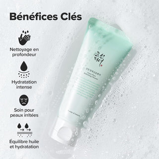 Infographie bénéfices clés gel nettoyant Green Plum - nettoyage en profondeur, hydratation intense, peaux irritées