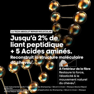 Technologie liant peptidique et 5 acides amines du masque L'Oreal Professionnel Absolut Repair Molecular sur fond noir