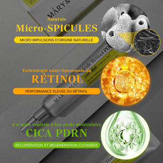 Actifs de la crème MARY&MAY : micro-spicules naturels, rétinol nano-liposomal et PDRN régénérant