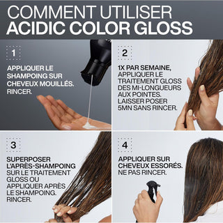 Guide d'utilisation Redken Acidic Color Gloss en 4 etapes illustrees sur cheveux