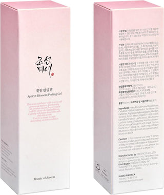 Boîte carton rose Apricot Blossom Peeling Gel Beauty of Joseon recto verso avec liste INCI et volume 100 ml