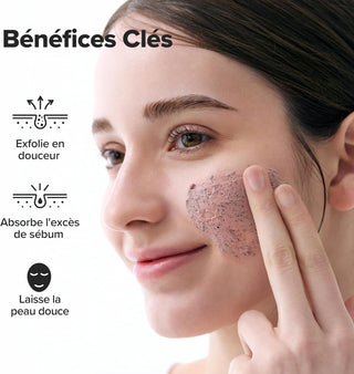 Femme appliquant le masque haricot rouge Beauty of Joseon sur la joue, infographie bénéfices exfolie et matifie