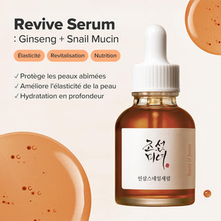 Beauty of Joseon Revive Serum fiche produit avec flacon ambre, badges elasticite revitalisation nutrition