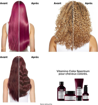 Resultats avant-apres sur cheveux colores avec la gamme L'Oreal Professionnel Vitamino Color Spectrum