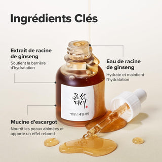 Beauty of Joseon Revive Serum flacon ouvert avec pipette et serum dore coule, ingredients cles annotes