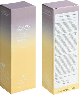 Boîtes carton recto verso de la crème solaire minérale Black Rice haruharu wonder - mention Unscented et badge vegan