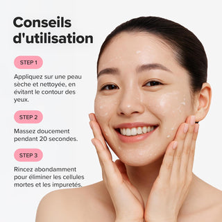 Femme appliquant le gel exfoliant Apricot Blossom sur le visage, infographie conseils d'utilisation en 3 étapes