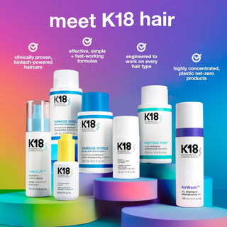 Gamme complete K18 - sept produits capillaires sur podiums colores avec fond degrade violet-vert