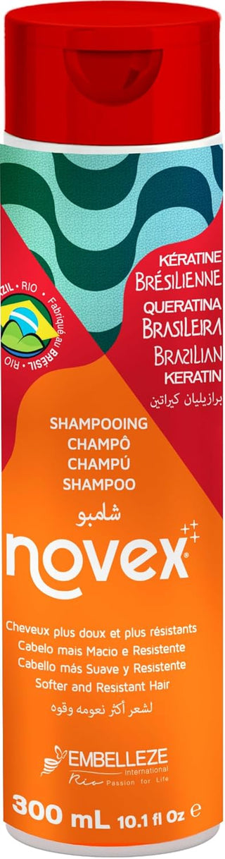 Novex Brazilian Keratin shampooing 300 ml - flacon orange et rouge bouchon rouge avec motifs tropicaux