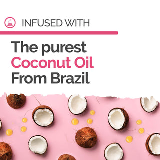 Novex Coconut Oil Shampoo - noix de coco coupees sur fond rose avec mention huile de coco bresilienne