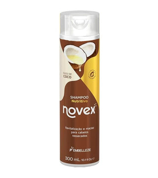 Flacon marron et jaune Novex Coconut Oil Shampoo Nutritivo 300ml sur fond blanc
