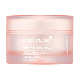 Pot rose Medicube Triple Collagen Cream 4.0 50ml avec couvercle translucide sur fond blanc