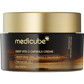 Pot brun Medicube Deep Vita C Capsule Cream 55 g avec couvercle dore, vue face