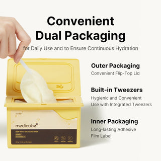 MEDICUBE Deep Vita C Daily Quick Mask - packaging double avec couvercle flip-top, pince integree et film adhesif