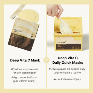 MEDICUBE Deep Vita C Mask vs Daily Quick Mask - comparaison soin intensif vitamine C 2% et routine express 60s