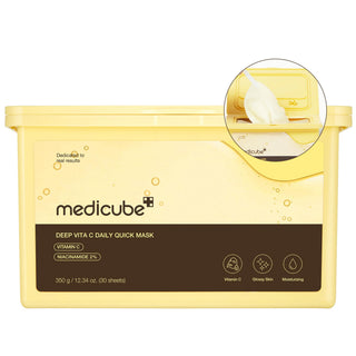 MEDICUBE Deep Vita C Daily Quick Mask - boite jaune 30 masques avec couvercle distributeur et masque visible