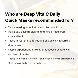 MEDICUBE Deep Vita C Daily Quick Mask - liste des profils de peau recommandes sur fond jaune clair