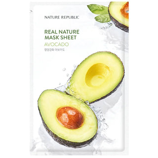 Sachet Nature Republic Real Nature Mask Sheet Avocado, face avant avec demi-avocats et eclaboussures d'eau