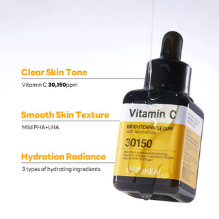 Mediheal Vitamin C Serum avec pipette et texture coulant, benefices eclat et hydratation affiches