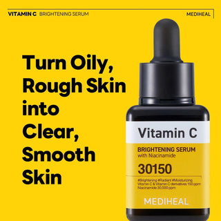 Mediheal Vitamin C Brightening Serum sur fond jaune avec mention peau lisse et nette