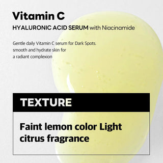 Texture jaune citron du serum Mediheal Vitamin C avec description couleur et parfum agrume leger