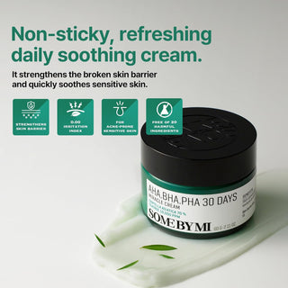 SOME BY MI Miracle Cream sur fond gris - crème apaisante non collante avec feuilles de tea tree et icônes de formulation