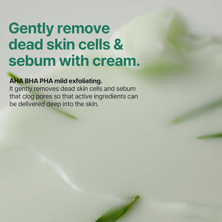 Infographie SOME BY MI - exfoliation douce AHA BHA PHA éliminant cellules mortes et sébum avec texture crème verte