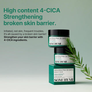 SOMEBYMI AHA BHA PHA Miracle Cream - deux pots empiles avec boite verte et feuillage, formule 4-CICA