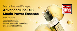 COSRX Snail 96 Mucin Essence - banniere produit 96% mucine escargot, badge New York Post Most Wanted